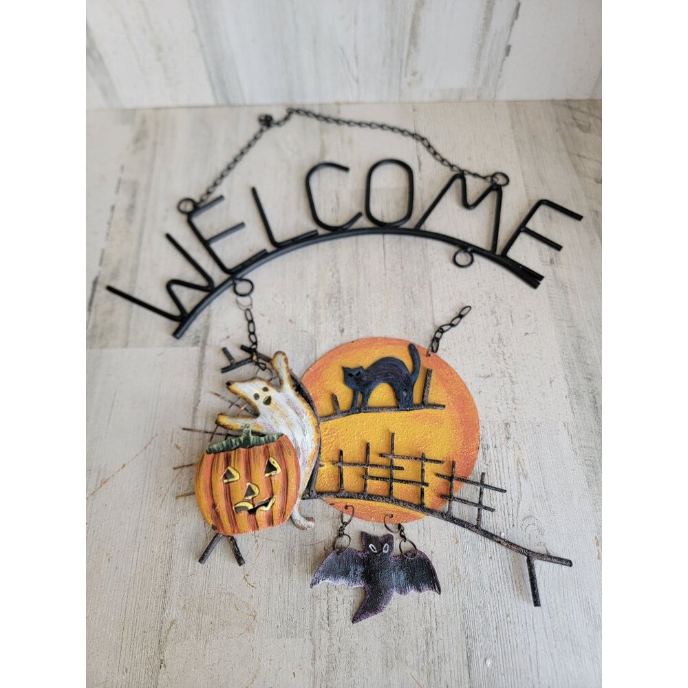Vintage metal welcome sign ghost‎ pumpkin Halloween hanging decor